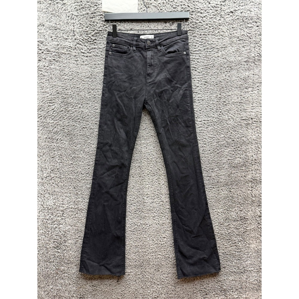 Mango High Rise Raw Hem Flare Eco-Wash Denim Jeans Black Womens Size 2